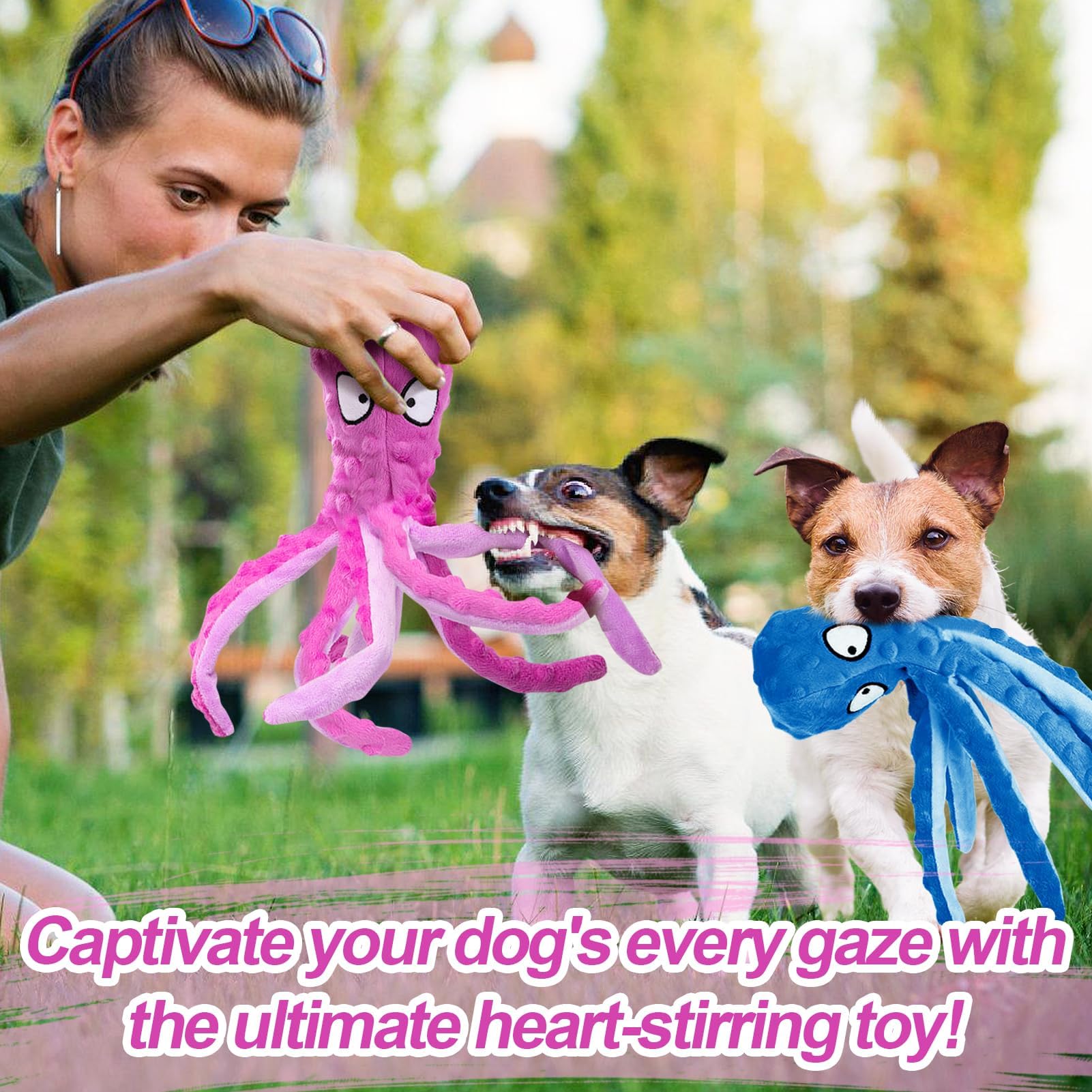 Alphatool squeaky octopus purple toy engages dogs in tugging.