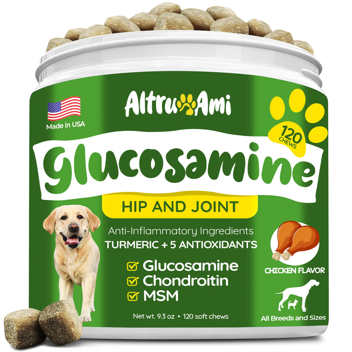 Altru-Ami dog glucosamine bottle label signals joint support for aging dogs