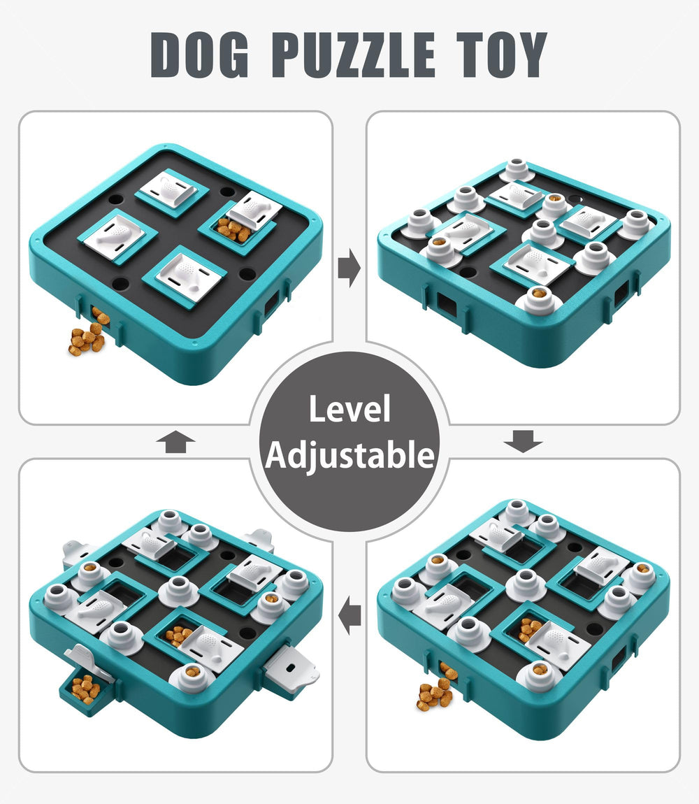 Aluckmao dog puzzle toy green in-use showing treat feeding to encourage slow eating.