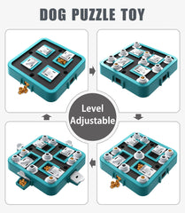 Aluckmao dog puzzle toy green in-use showing treat feeding to encourage slow eating.