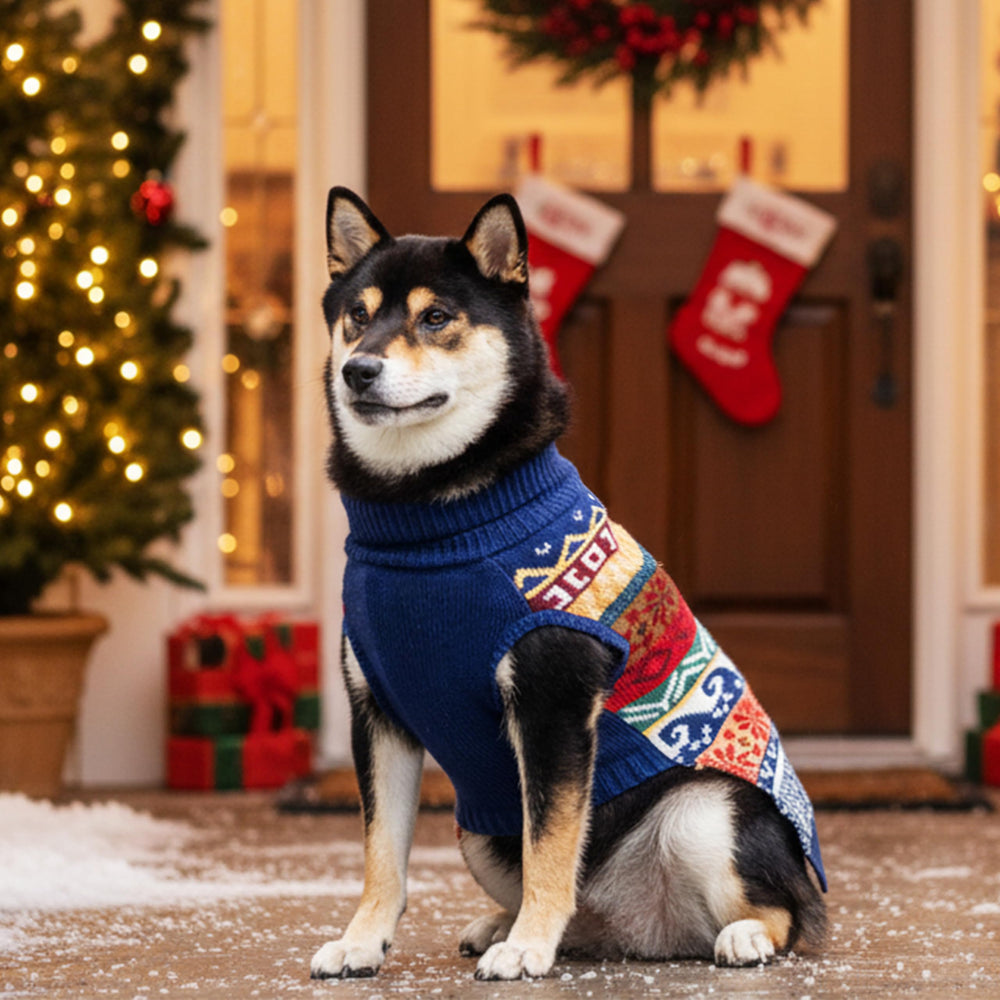 ALUZAEMO dog Christmas sweater outdoor photo showing cozy outerwear on a stroll.