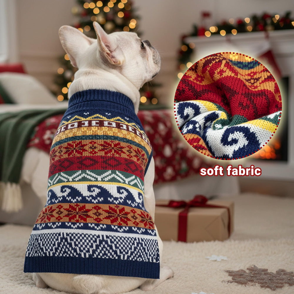 ALUZAEMO dog Christmas sweater size chart illustrating neck, chest, and length for fit guidance.