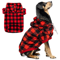 ALUZAEMO dog hoodie plaid warmth front view, ideal for cold-weather outings.