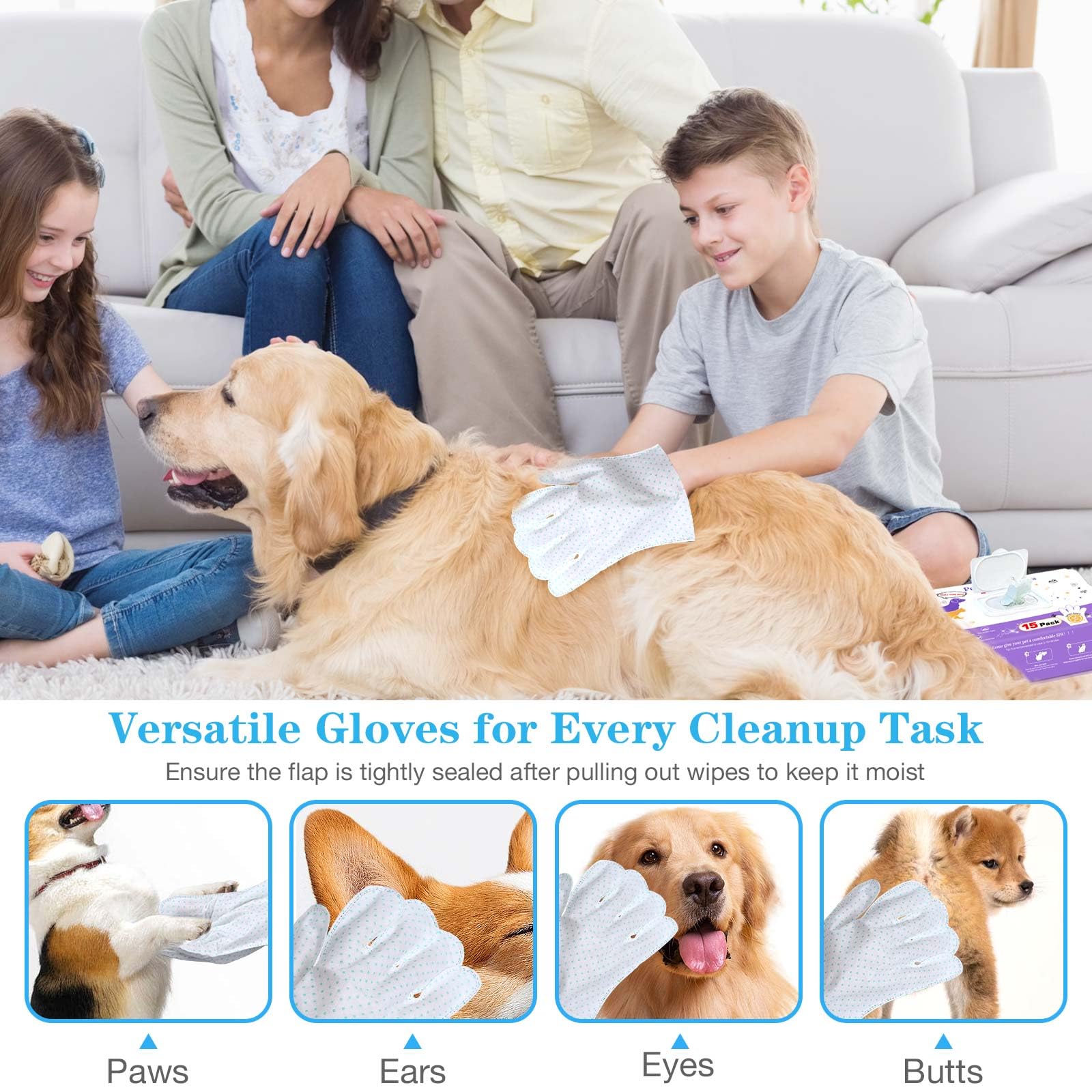 ALWZ-RDY dog cleaning gloves wipes butt area for quick hygiene and deodorization.