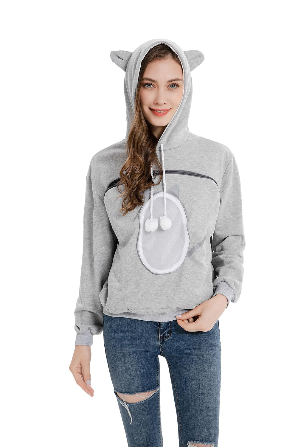 ALYC Pet Carrier Hoodie grey fabric with cozy fleece lining for warmth.