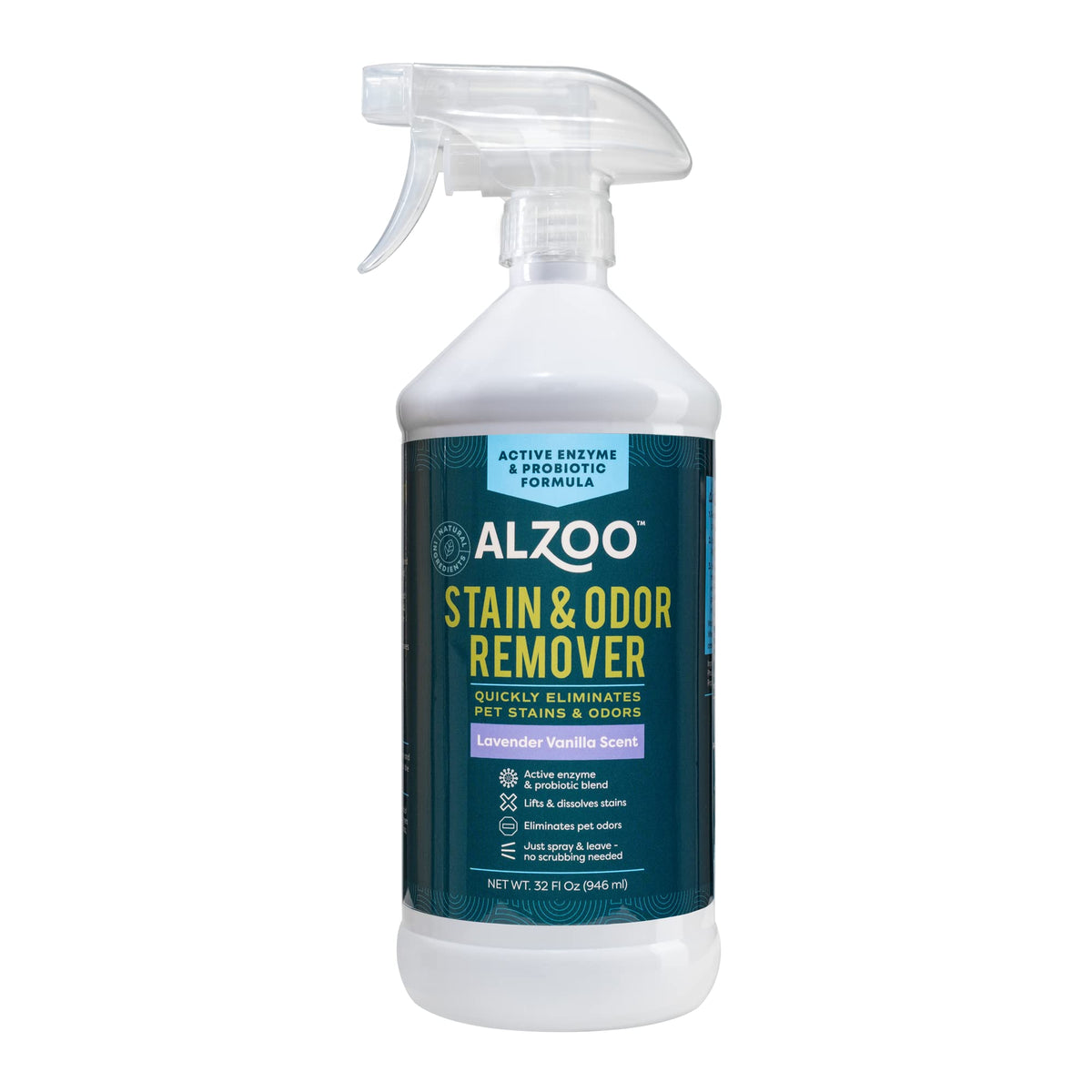 ALZOO Stain & Odor Remover bottle shows easy stain removal capability