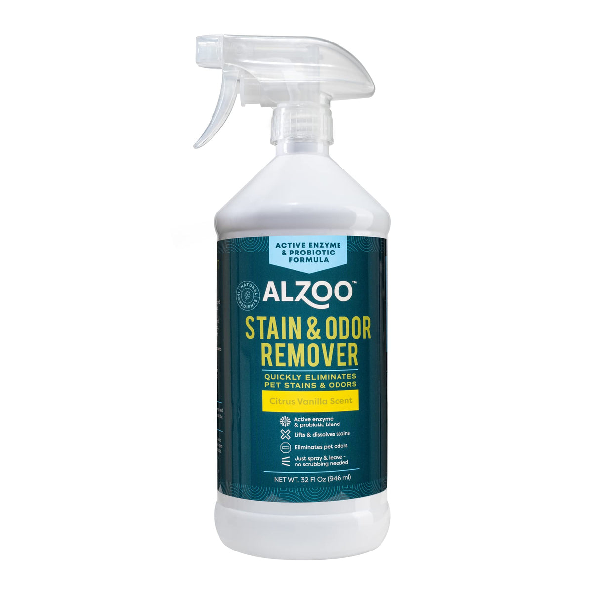 ALZOO Stain & Odor Remover bottle shows plant-based stain solution for quick home cleanup.