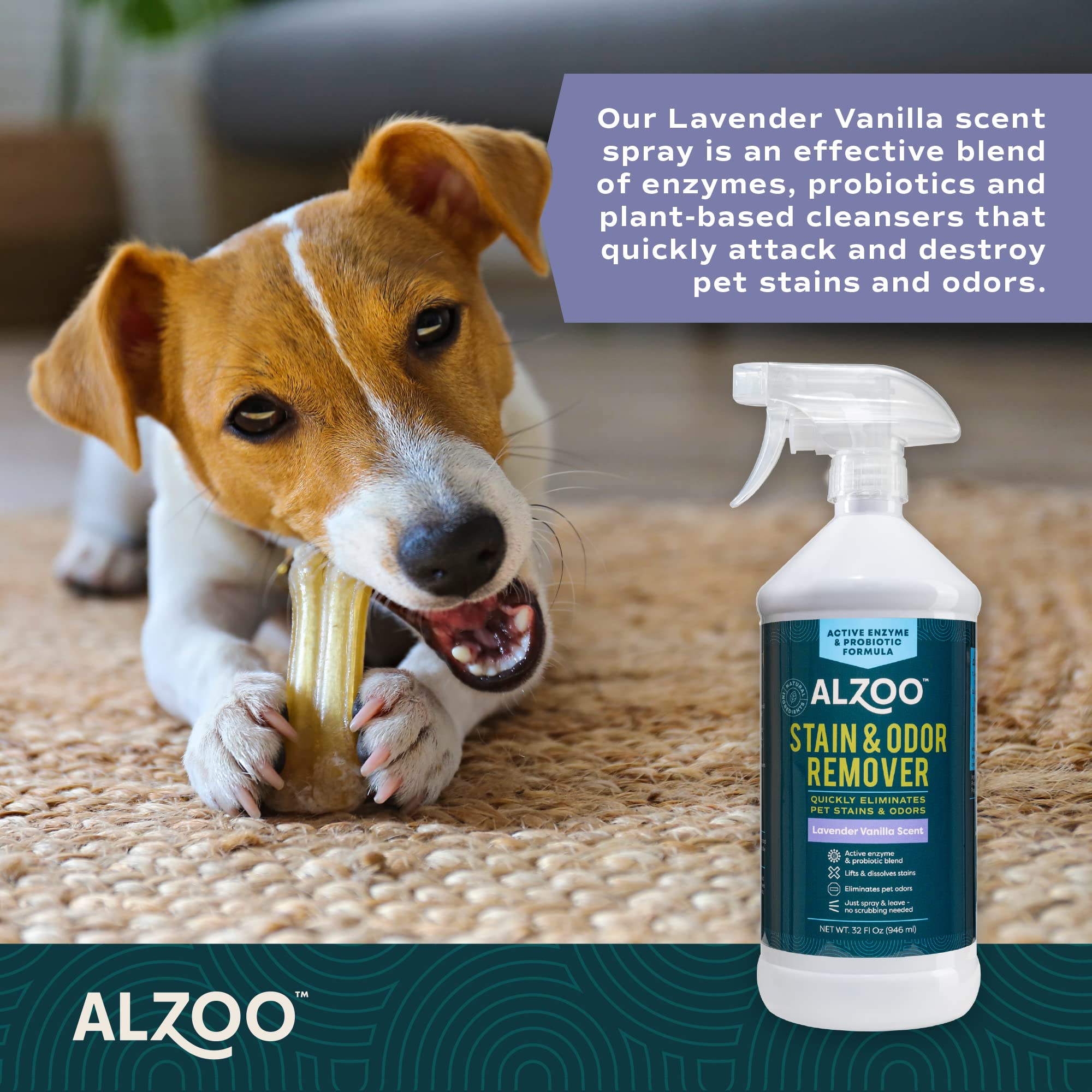 ALZOO stain remover is safe for carpets, wood, stone, and most surfaces