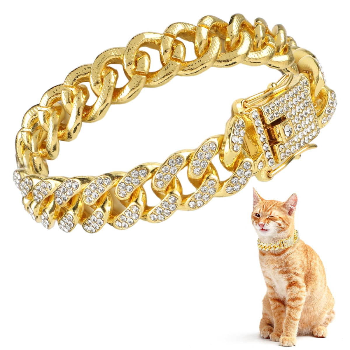 Amabro Cat Chain Collar gold diamonds close-up for sparkling pet photos.