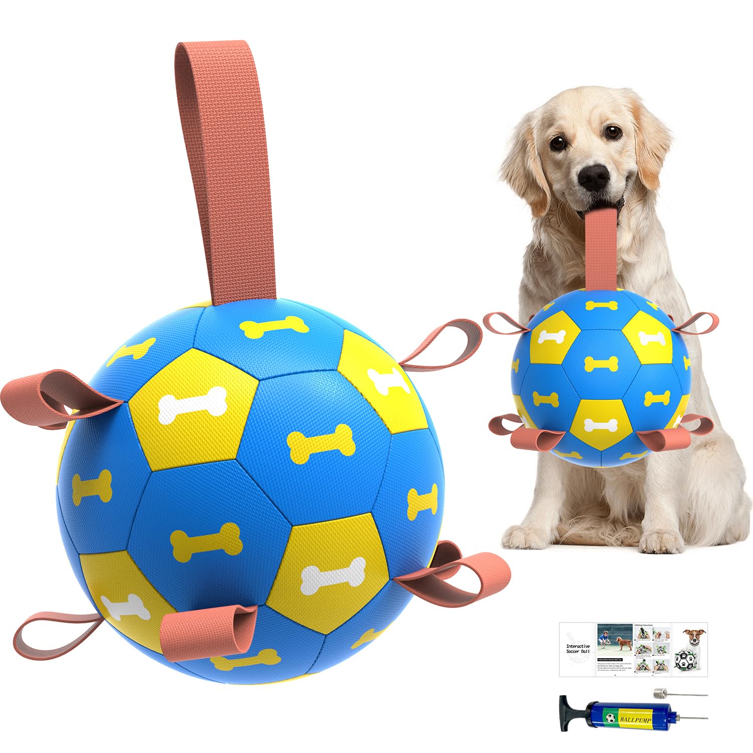Amasiver dog soccer ball toy with straps for tug-of-war and fetch.