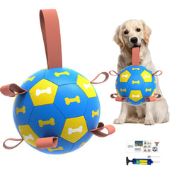 Amasiver dog soccer ball toy with straps for tug-of-war and fetch.