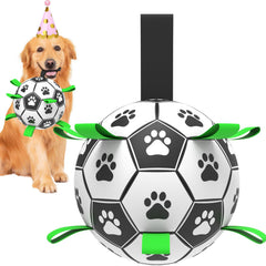 Amasiver dog soccer ball toy with straps for added bite-safe play and tug fun.