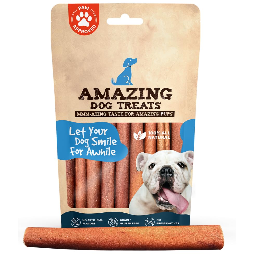 Amazing Dog Treats 6inch collagen stick packaging promotes dental care and coat shine.