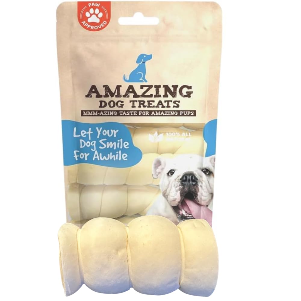 Amazing Dog Treats beef cheek rolls 4in pack closeup showing dense chew texture.