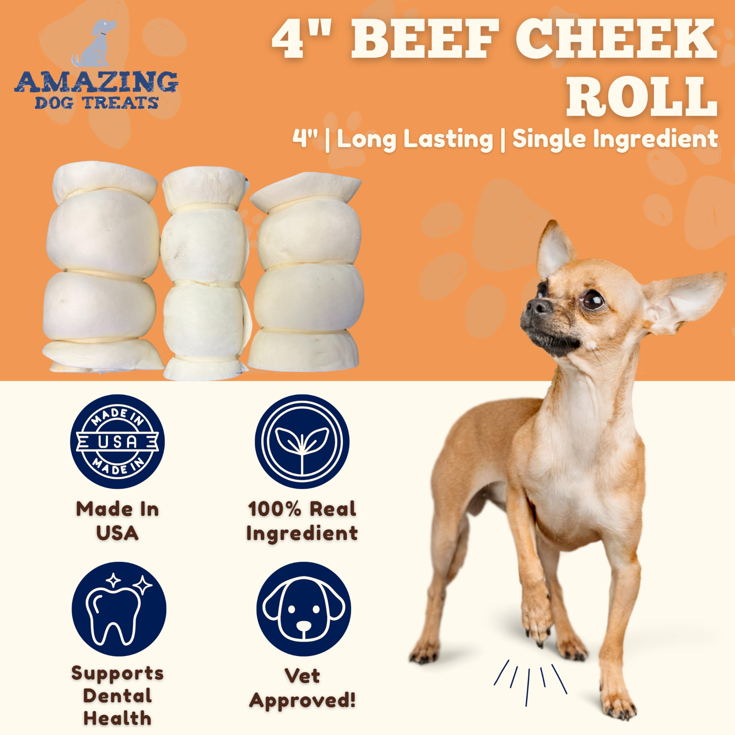 Amazing Dog Treats beef cheek rolls closeup texture for long-lasting chews.