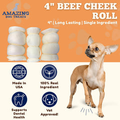 Amazing Dog Treats beef cheek rolls closeup texture for long-lasting chews.