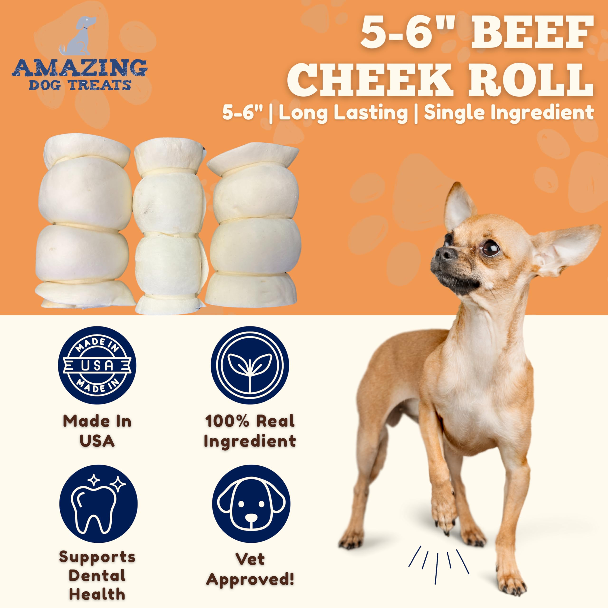 Amazing Dog Treats beef cheek roll close-up shows dense texture for a strong chew