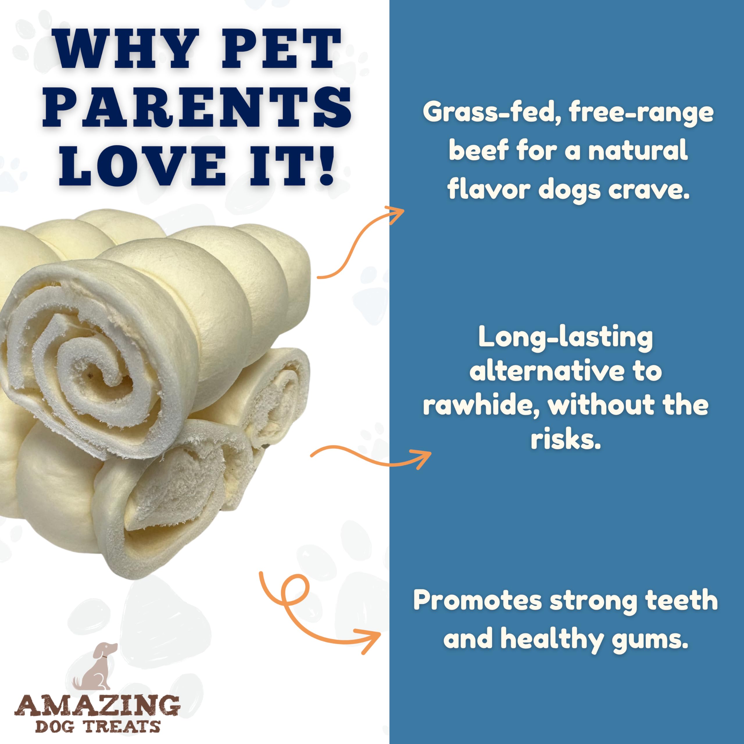 Amazing Dog Treats beef cheek rolls dog chewing action with dental-care suggestion.