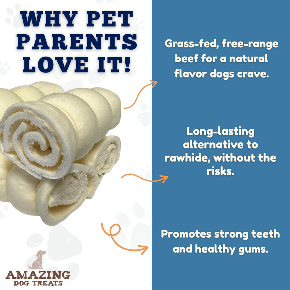 Amazing Dog Treats beef cheek rolls dog chewing action with dental-care suggestion.