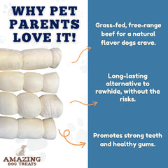 Amazing Dog Treats beef cheek rolls dog chewing scene shows safe, splinter-free enjoyment.