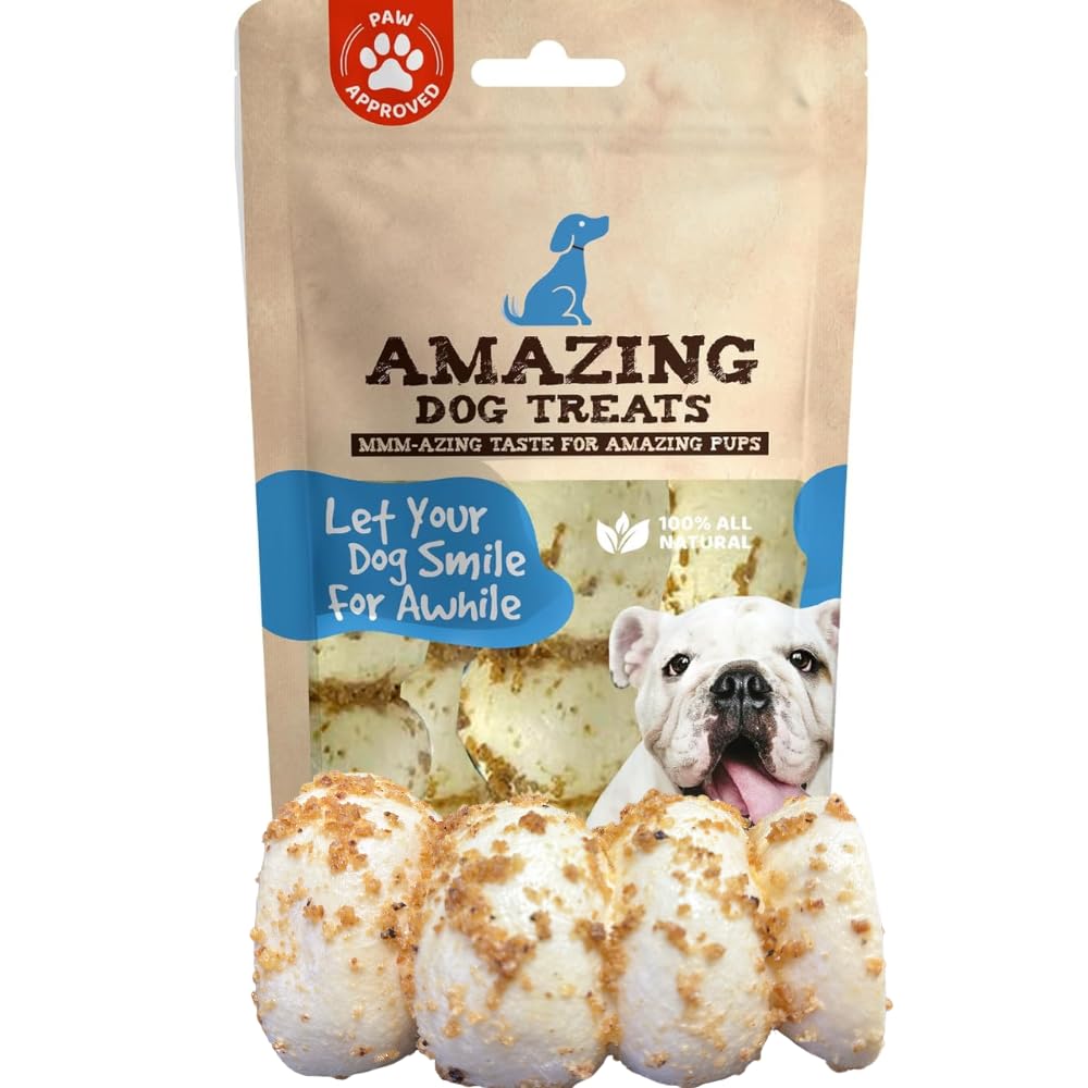 Amazing Dog Treats Beef Cheek Rolls Mega Thick bully dust packaging highlights premium rawhide alternative.