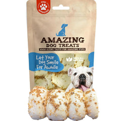 Amazing Dog Treats Beef Cheek Rolls Mega Thick bully dust packaging highlights premium rawhide alternative.