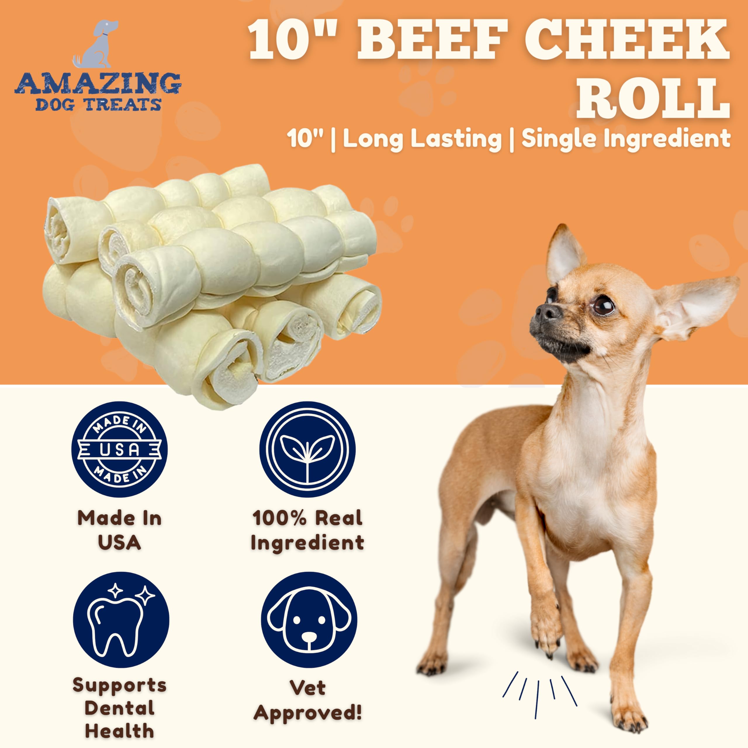 Amazing Dog Treats beef cheek rolls pack shot highlights long-lasting dental-friendly chew.