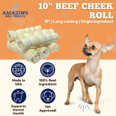 Amazing Dog Treats beef cheek rolls pack shot highlights long-lasting dental-friendly chew.