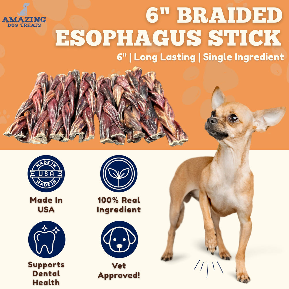 Amazing Dog Treats beef esophagus closeup, single-ingredient chew for sensitive digestions