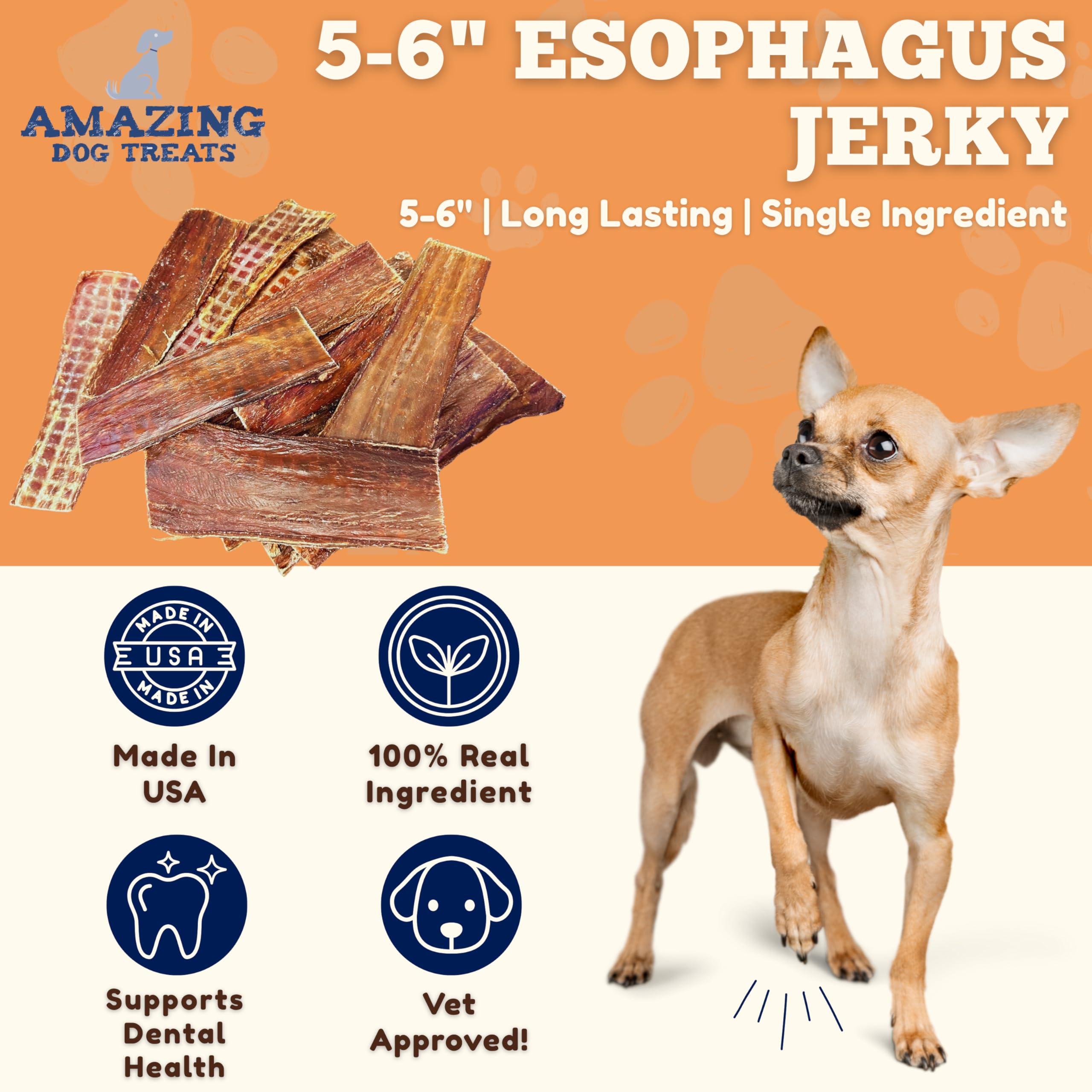 Amazing Dog Treats beef gullet jerky closeup shows natural texture for long-lasting chew