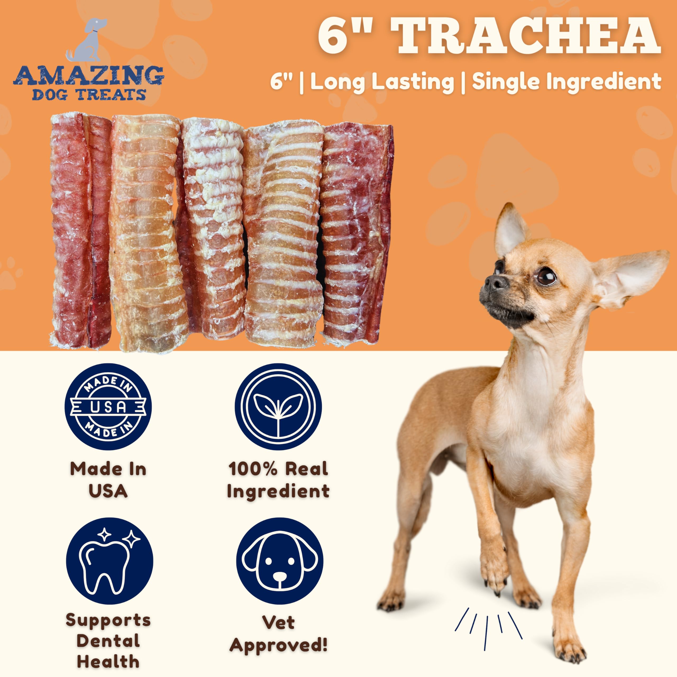 Amazing Dog Treats beef trachea chew close-up shows durable texture.