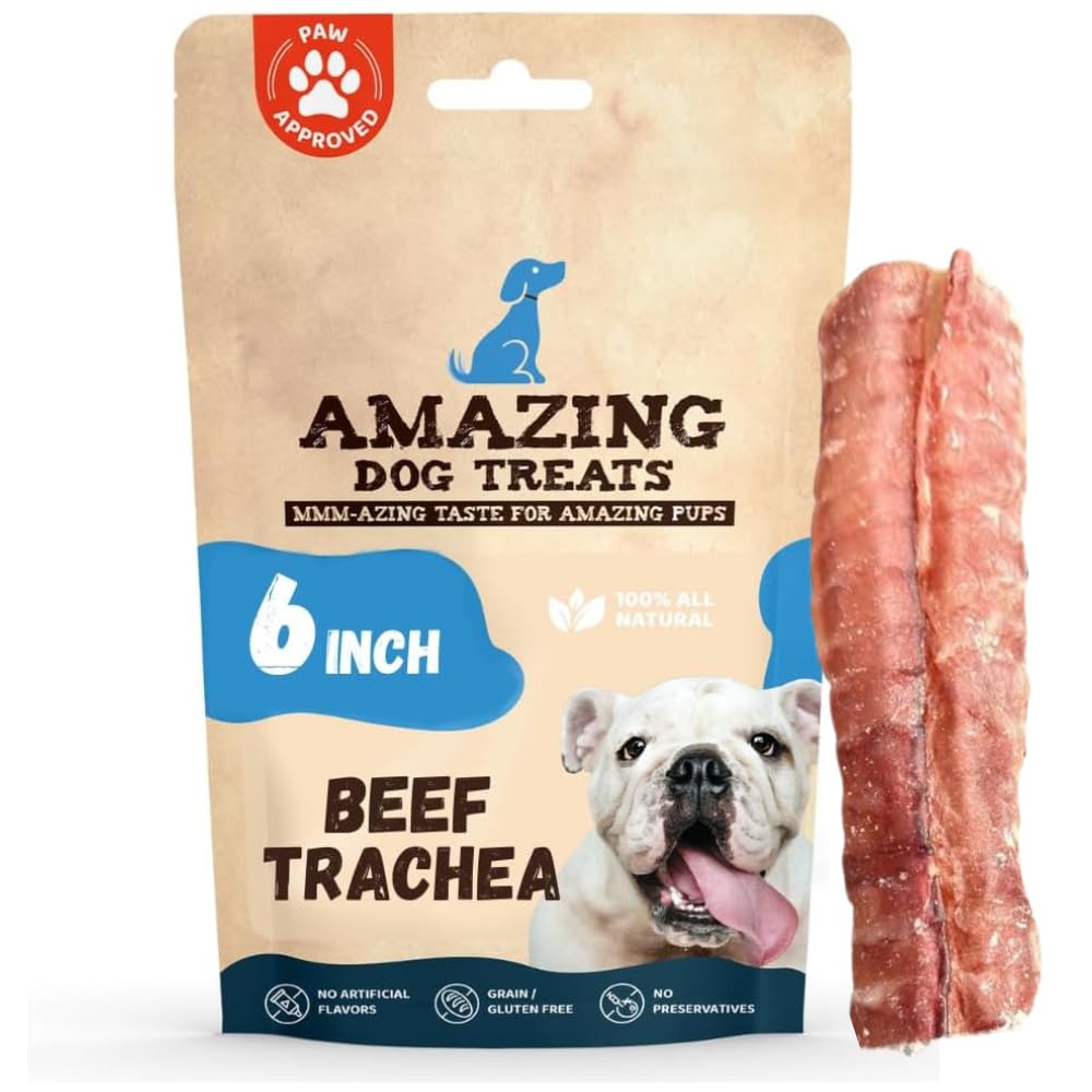 Amazing Dog Treats beef trachea packaging highlights premium, protein-rich chew.