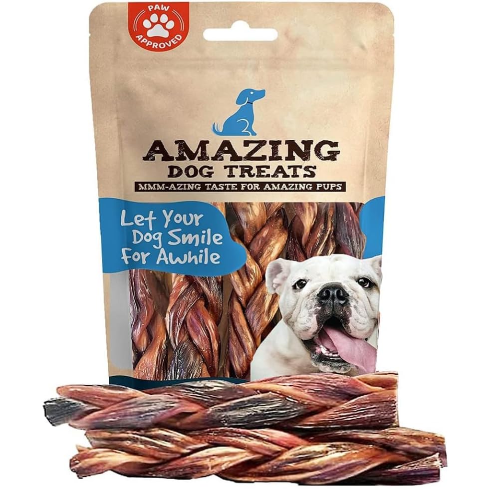 Amazing Dog Treats braided gullet stick 6-inch pack closeup, protein-packed chew for training rewards