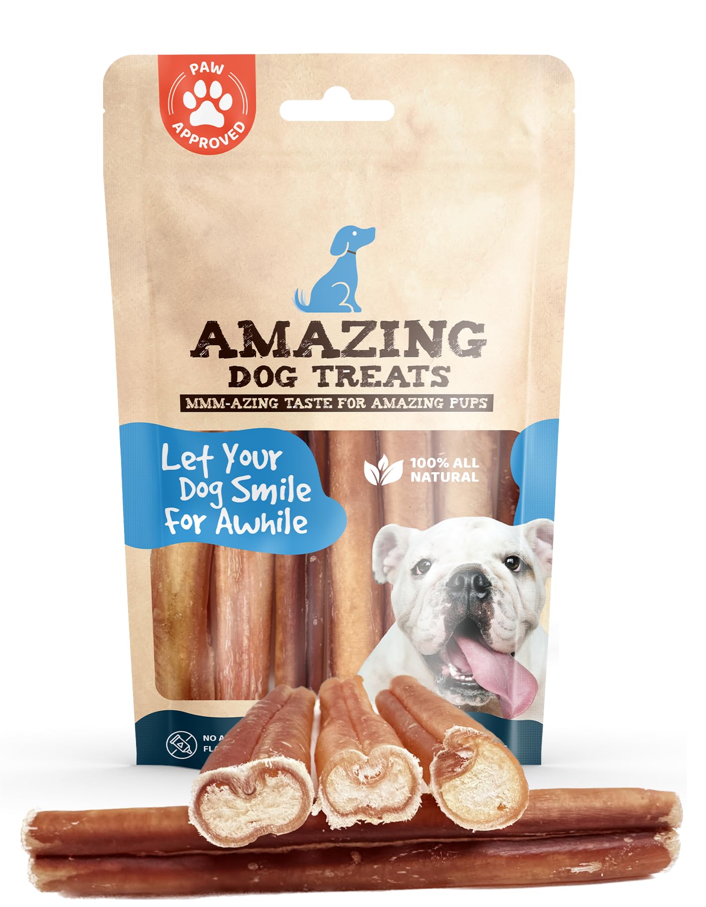 Amazing Dog Treats bully sticks 6-inch front view highlight extra thick chews for power chewers.