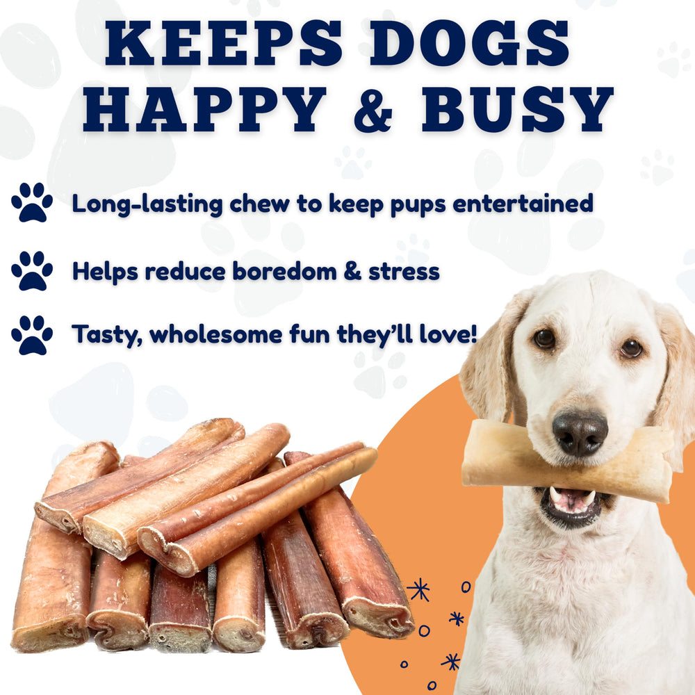 Amazing Dog Treats bully sticks 6-inch pack shot highlights 25-count extra-thick chews.