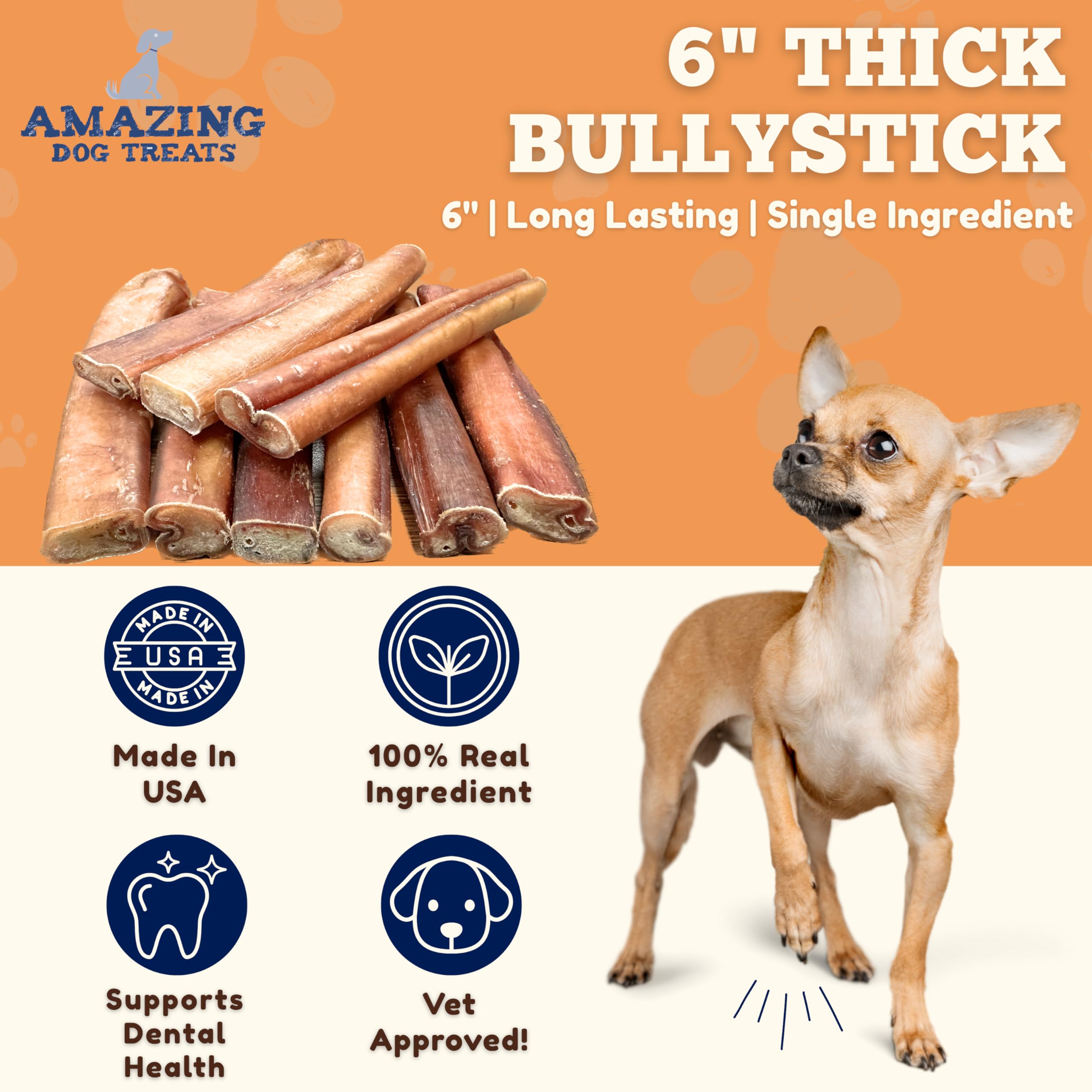 Amazing Dog Treats bully sticks 6-inch top view shows natural texture and single-ingredient goodness.