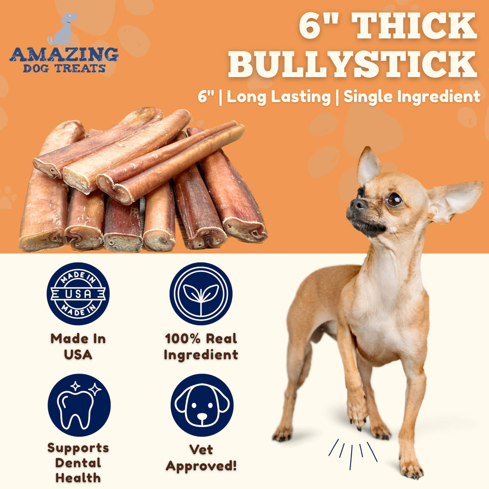Amazing Dog Treats bully sticks 6-inch top view shows natural texture and single-ingredient goodness.