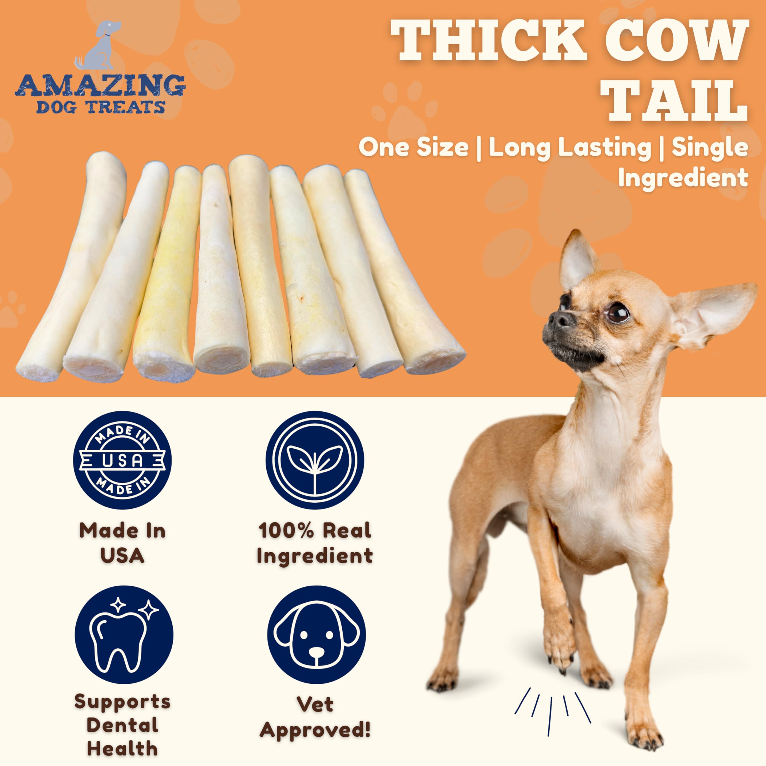 Amazing Dog Treats cow tail 6in chew closeup shows dense texture for vigorous chewing.