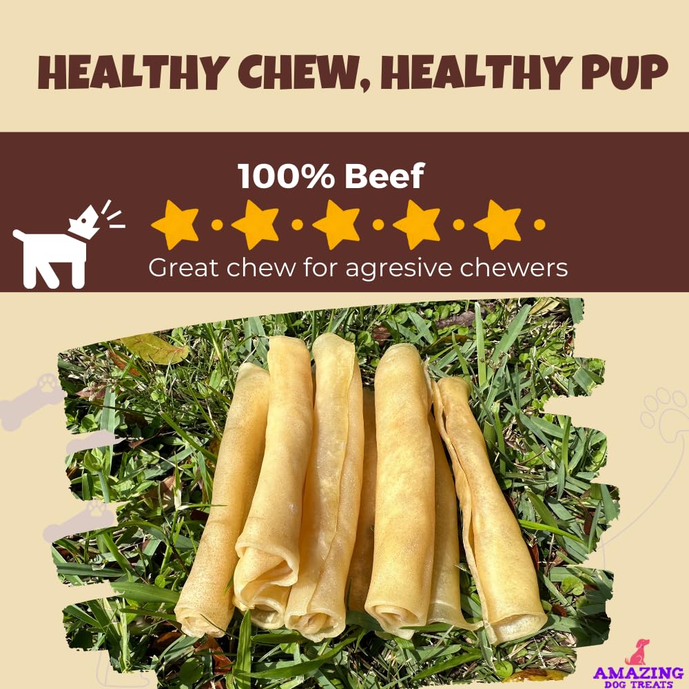 Amazing Dog Treats dog chewing collagen stick mid-chew suggests dental health support.