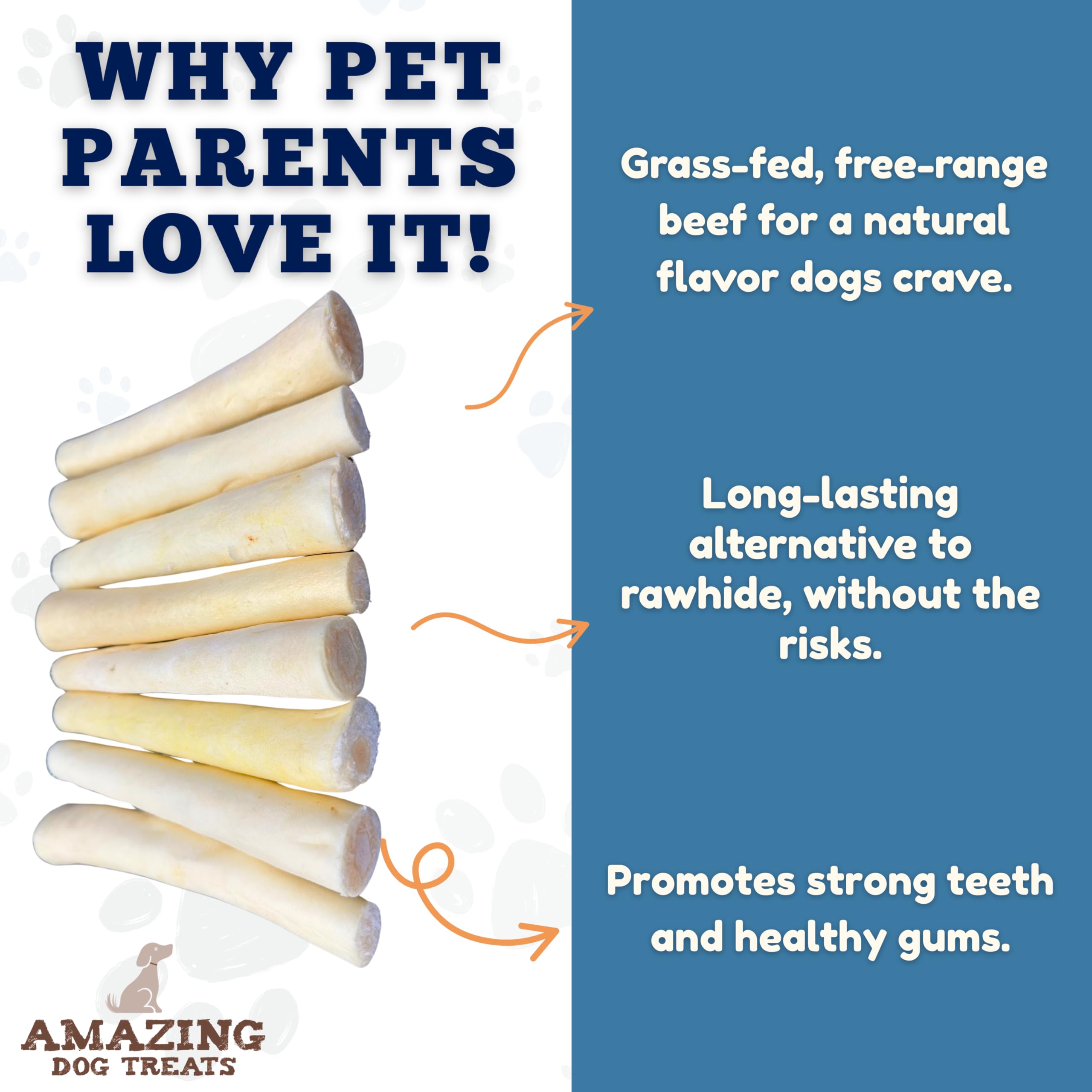 Amazing Dog Treats packaging highlights natural sourcing and grass-fed cattle.
