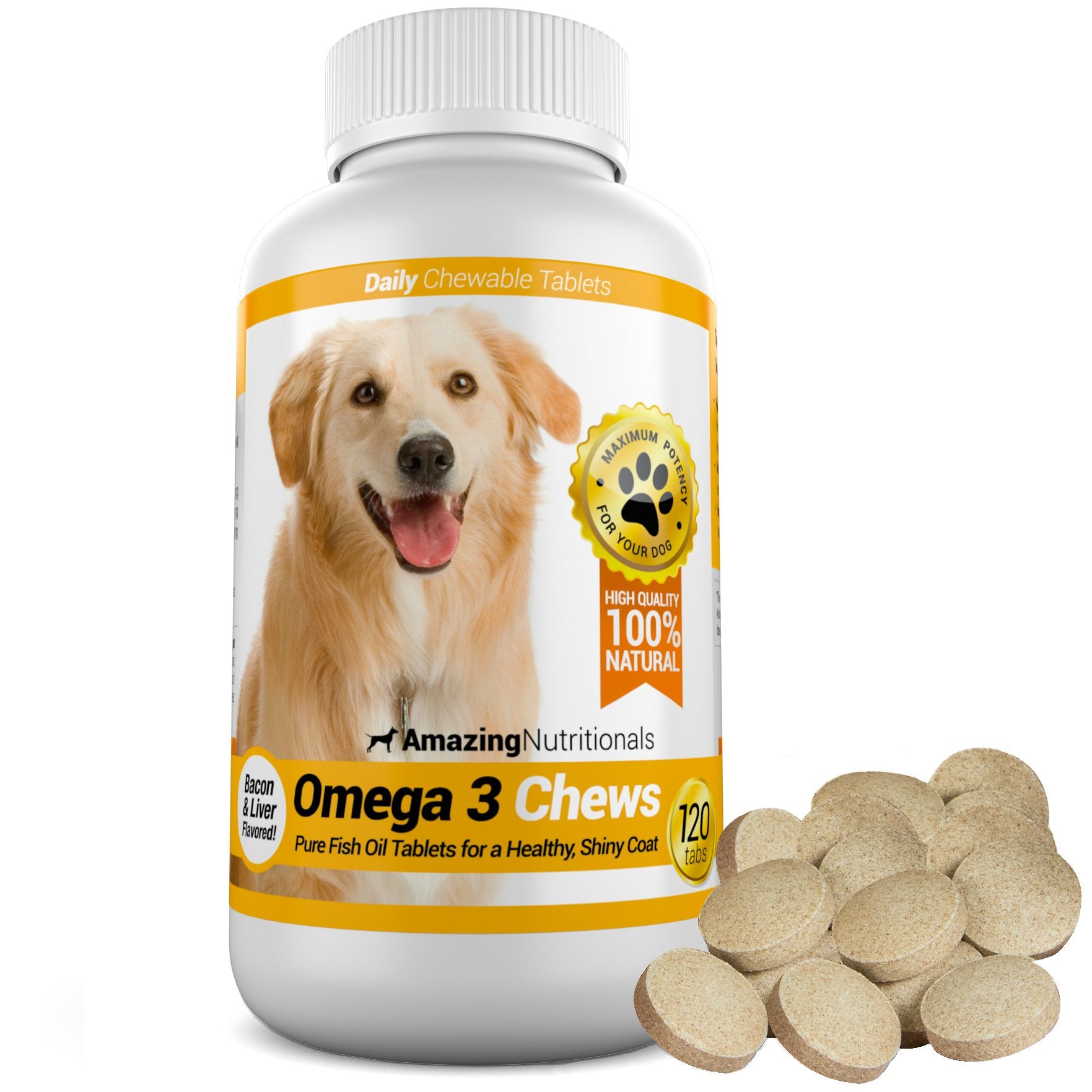 Amazing Nutritionals Amazing Omega 3 for Dogs packaging shows bacon chews for easy daily use.