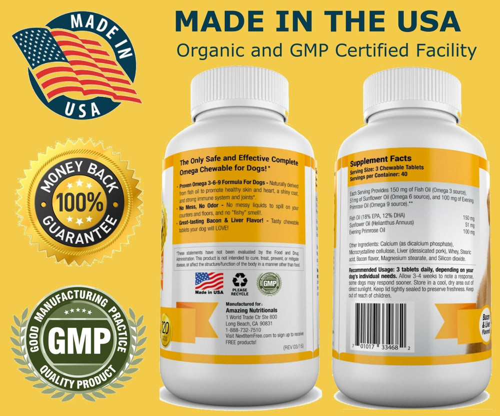 Amazing Nutritionals Amazing Omega 3 for Dogs US-made badge signals quality and safety.