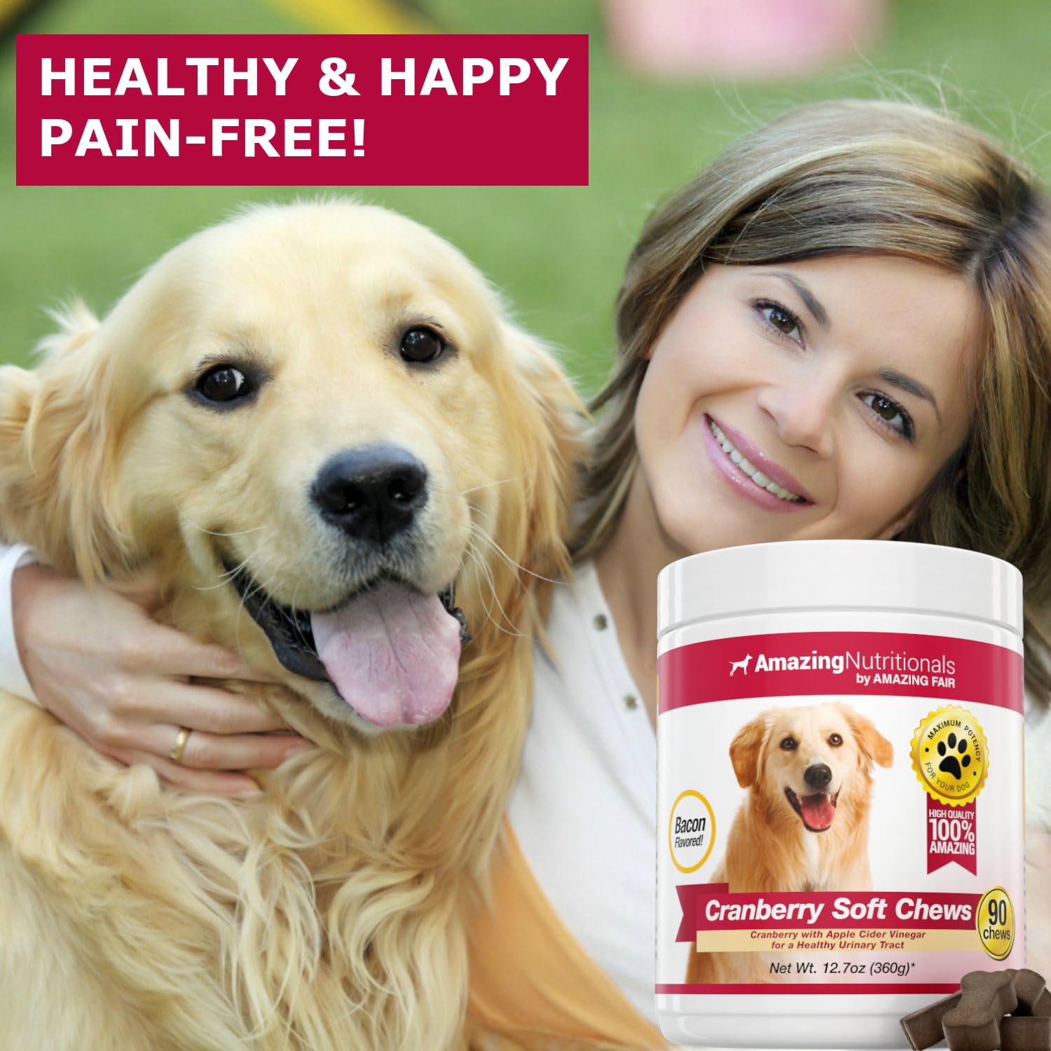 Amazing Nutritionals Cranberry for Dogs bacon-flavor chews aid palatability and bladder support