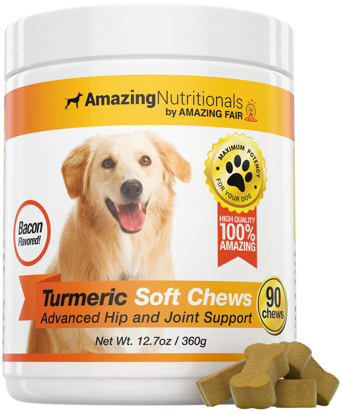 Amazing Nutritionals Turmeric dog bacon chews bottle promotes joint support and tasty everyday use