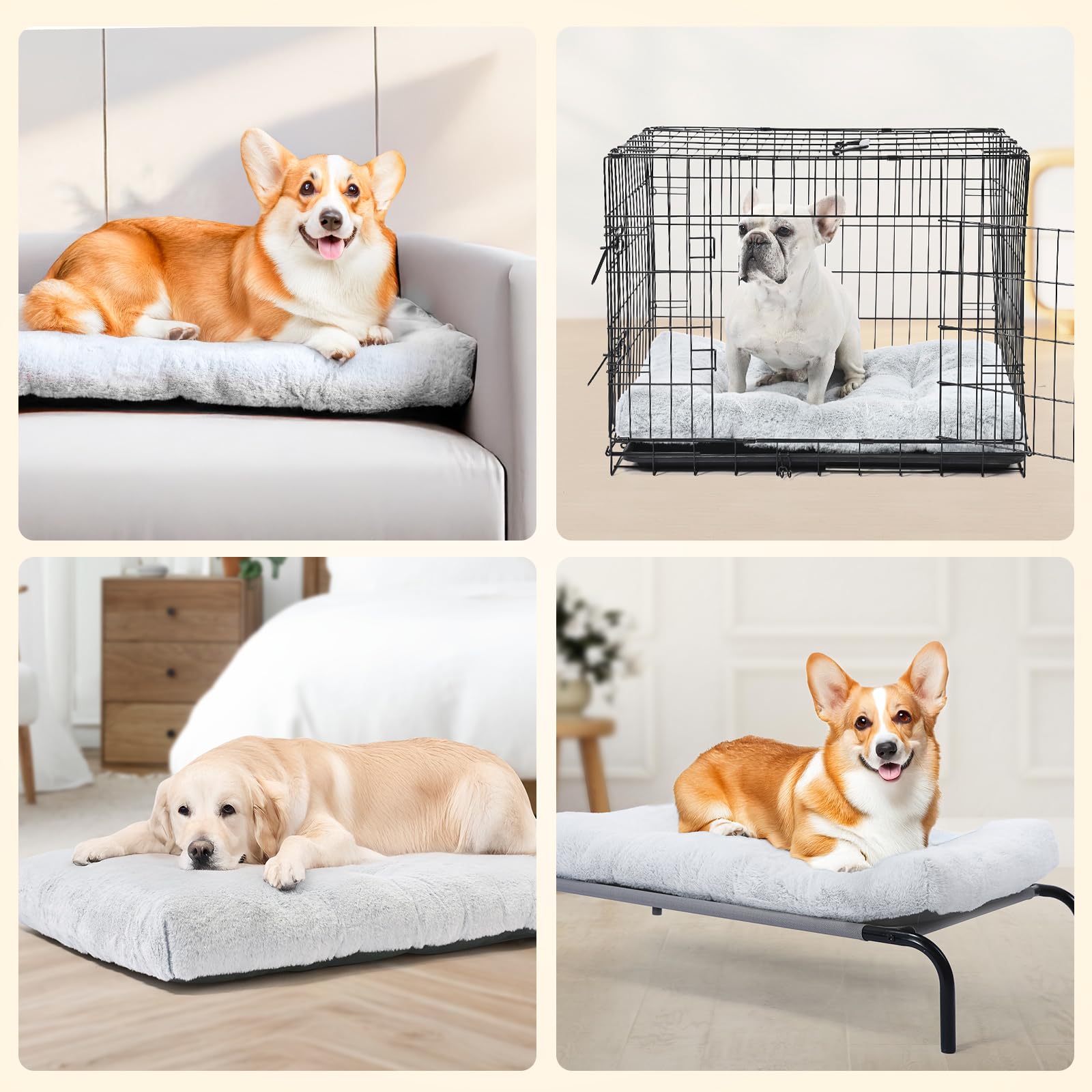Amazon Basics dog bed with soft plush padding offers cozy crate-time comfort.
