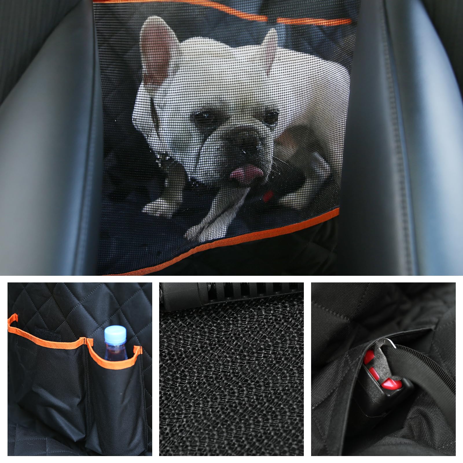 Amazon Basics dog car seat cover provides built-in pockets to organize toys and leashes
