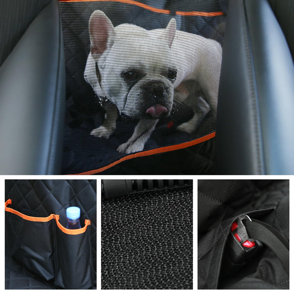 Amazon Basics dog car seat cover provides built-in pockets to organize toys and leashes