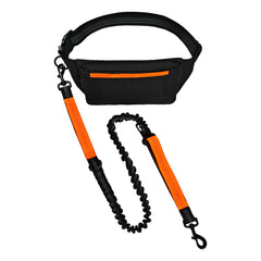 Amazon Basics hands-free dog leash with waist strap enables hands-free control during walks.