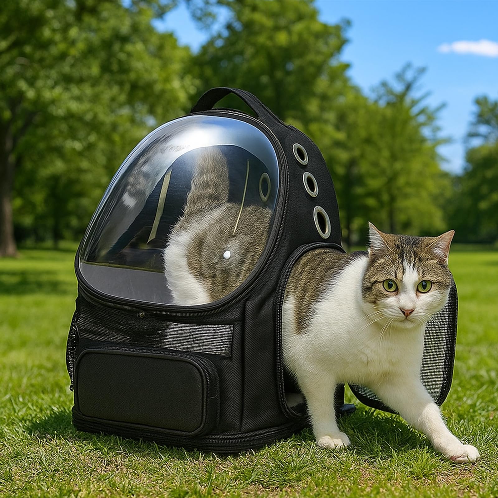 Amazon Basics pet carrier backpack side pockets hold treats and toys
