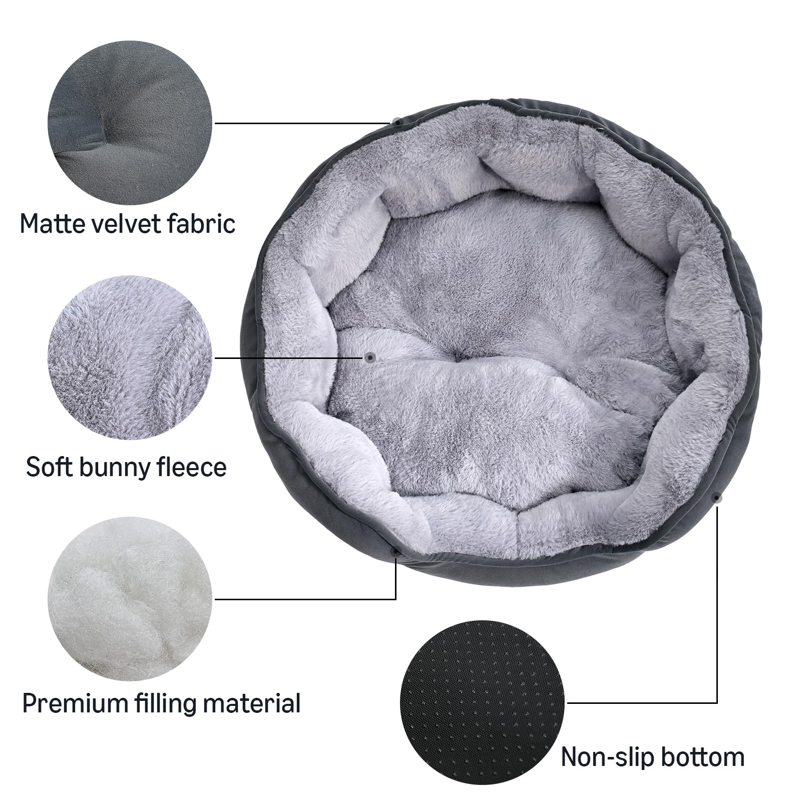 Amazon Basics round dog bed anti-slip bottom keeps pets safely rested.